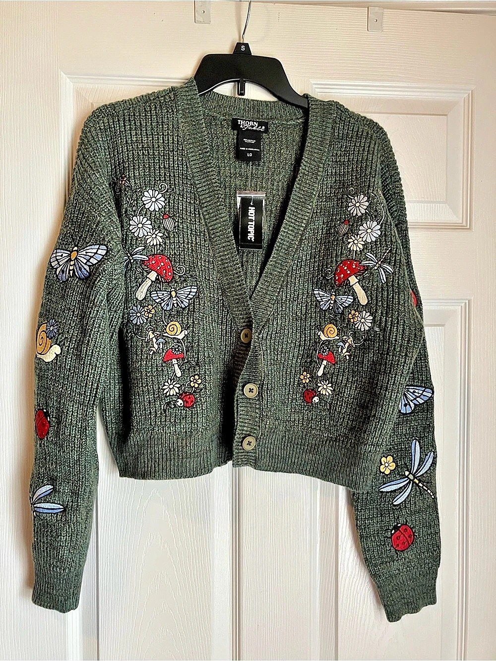 Thorn & Fable Forest Critters Marled Girls Crop Cardigan Green & Blue Large
